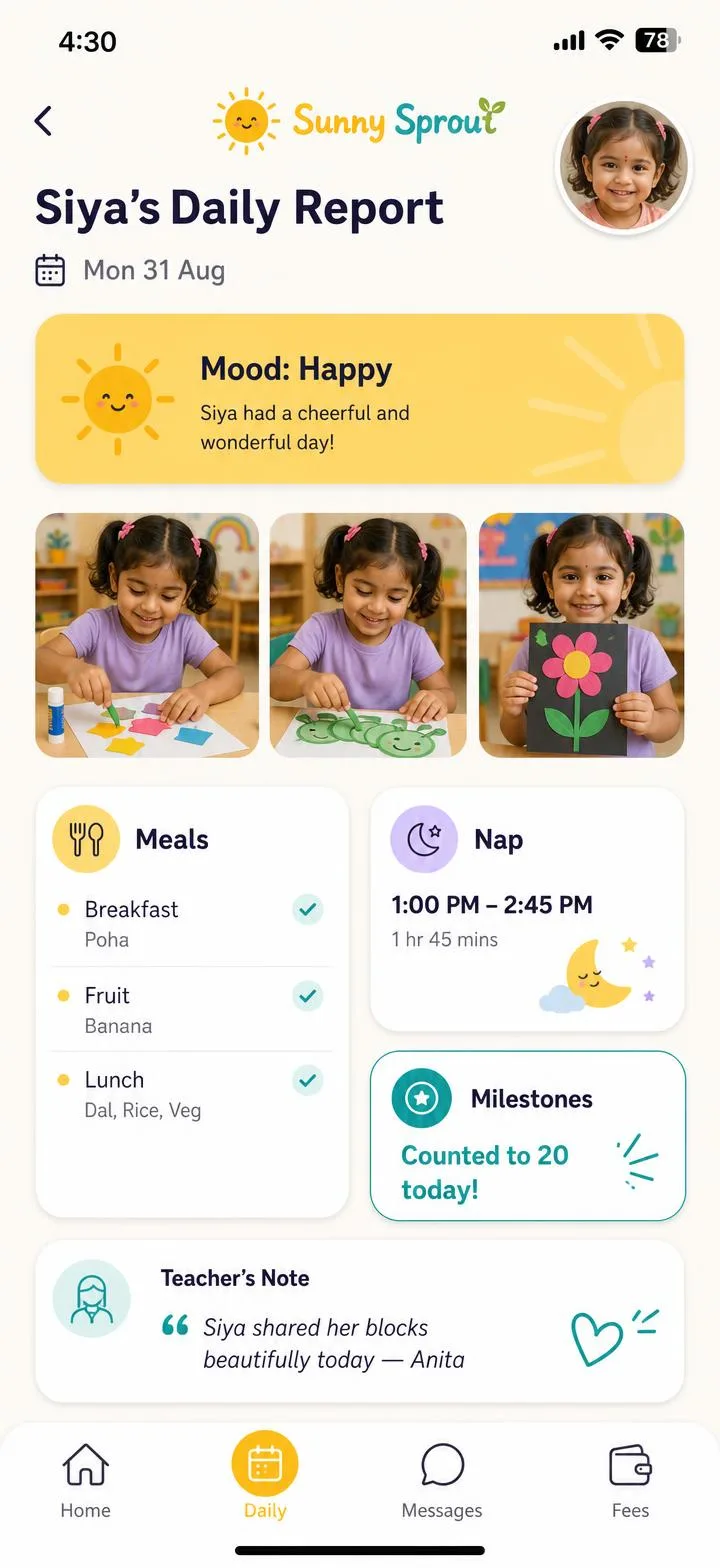 The parent app daily report: mood, photos, meals, nap time, milestones and a teacher's note.