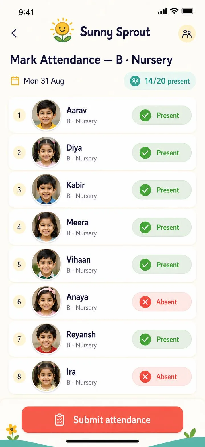 The teacher app attendance screen: a roster of children with present and absent toggles and a submit button.