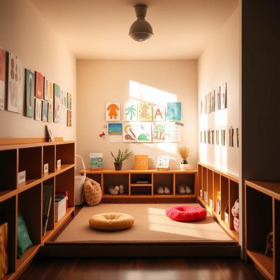 A cozy preschool classroom with low shelves, a reading nook and children's artwork on soft walls